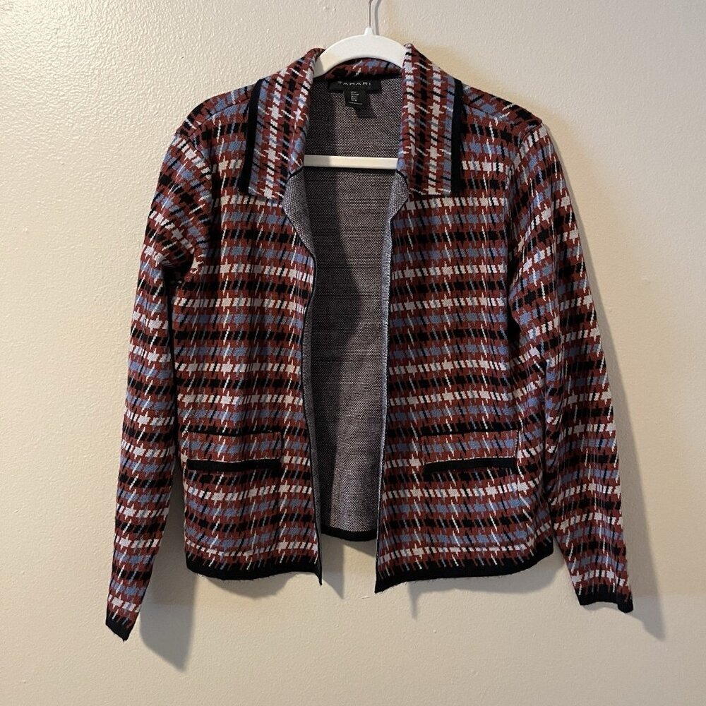 Tahari Blazer Cardigan Sweater Houndstooth Color Career Business Preppy Academia